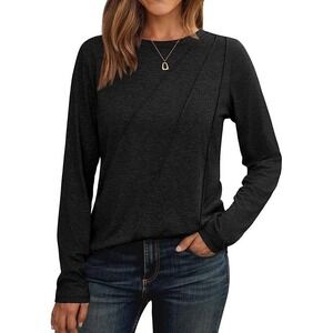 Automet Womens Black Long Sleeve Crew Neck Pleated Design Top Size L